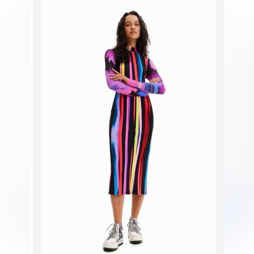 Desigual Christian Lacroix Slim Striped Midi Dress Sz S Rainbow Ribbed Knit Mock